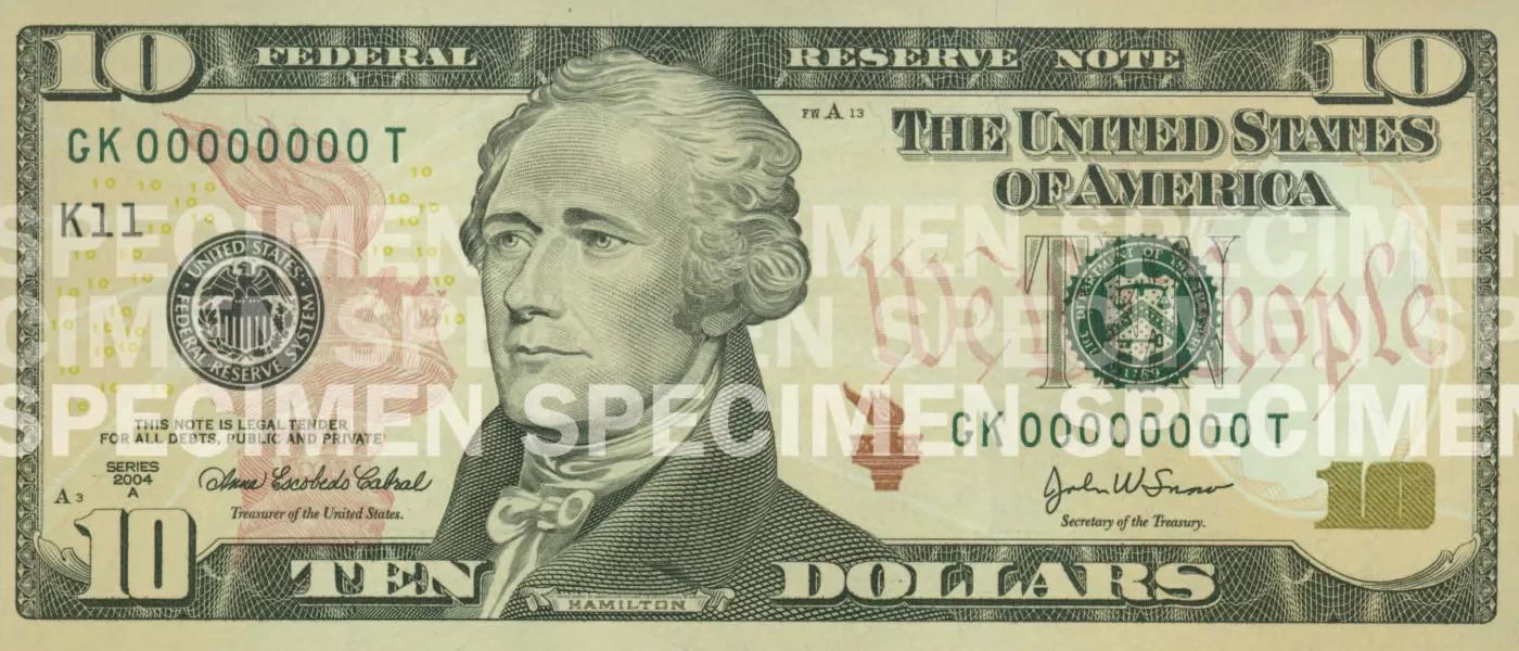U.S. 10-dollar specimen note front