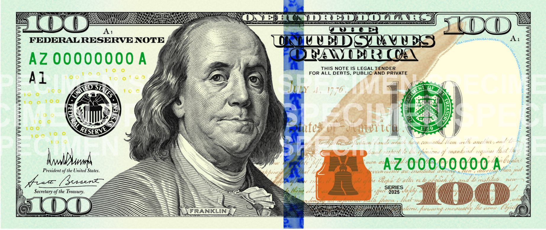 U.S. 100-dollar specimen note front