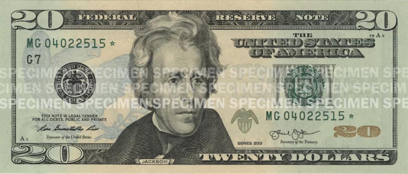U.S. 20-dollar specimen note front