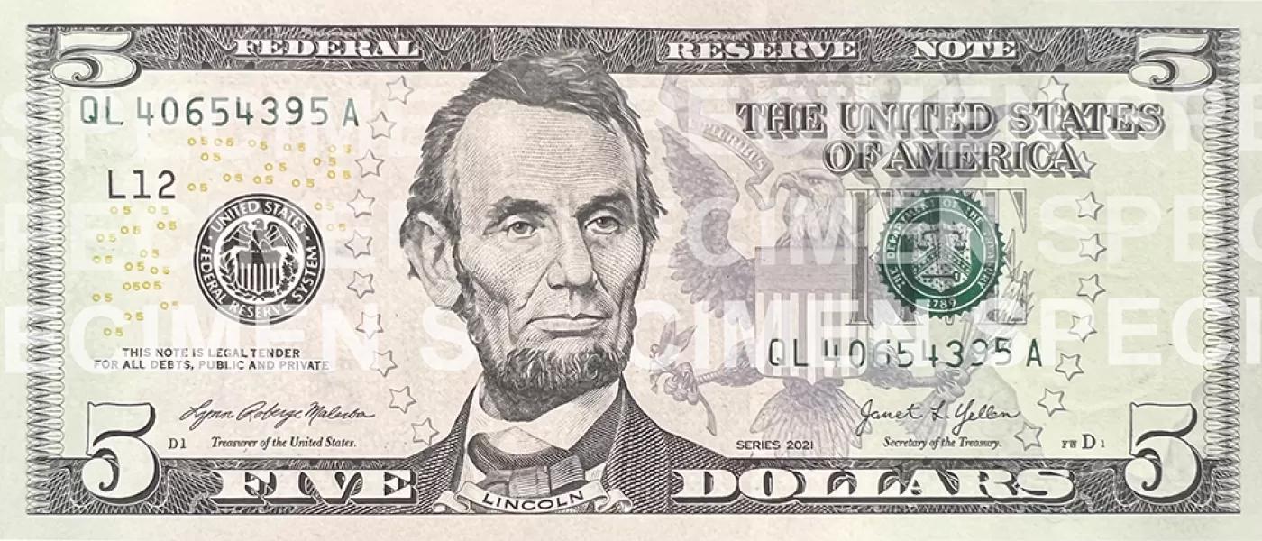 U.S. 5-dollar specimen note front