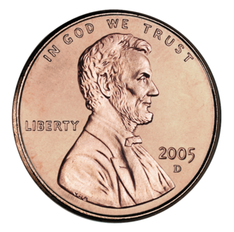 1-cent U.S. coin front, 2005 Lincoln Memorial cent