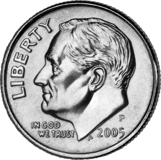 10-cent U.S. coin front, 2005 Roosevelt dime
