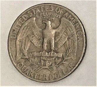 25-cent U.S. coin back, Pre1999 Washington/eagle quarter; pictured coin year not visible