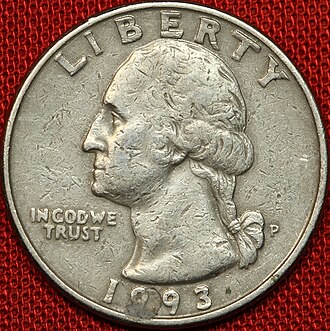 25-cent U.S. coin front, 1993 Washington/eagle quarter