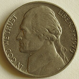 5-cent U.S. coin front, 1979 Jefferson nickel