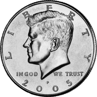 50-cent U.S. coin front, 2005 Kennedy half dollar