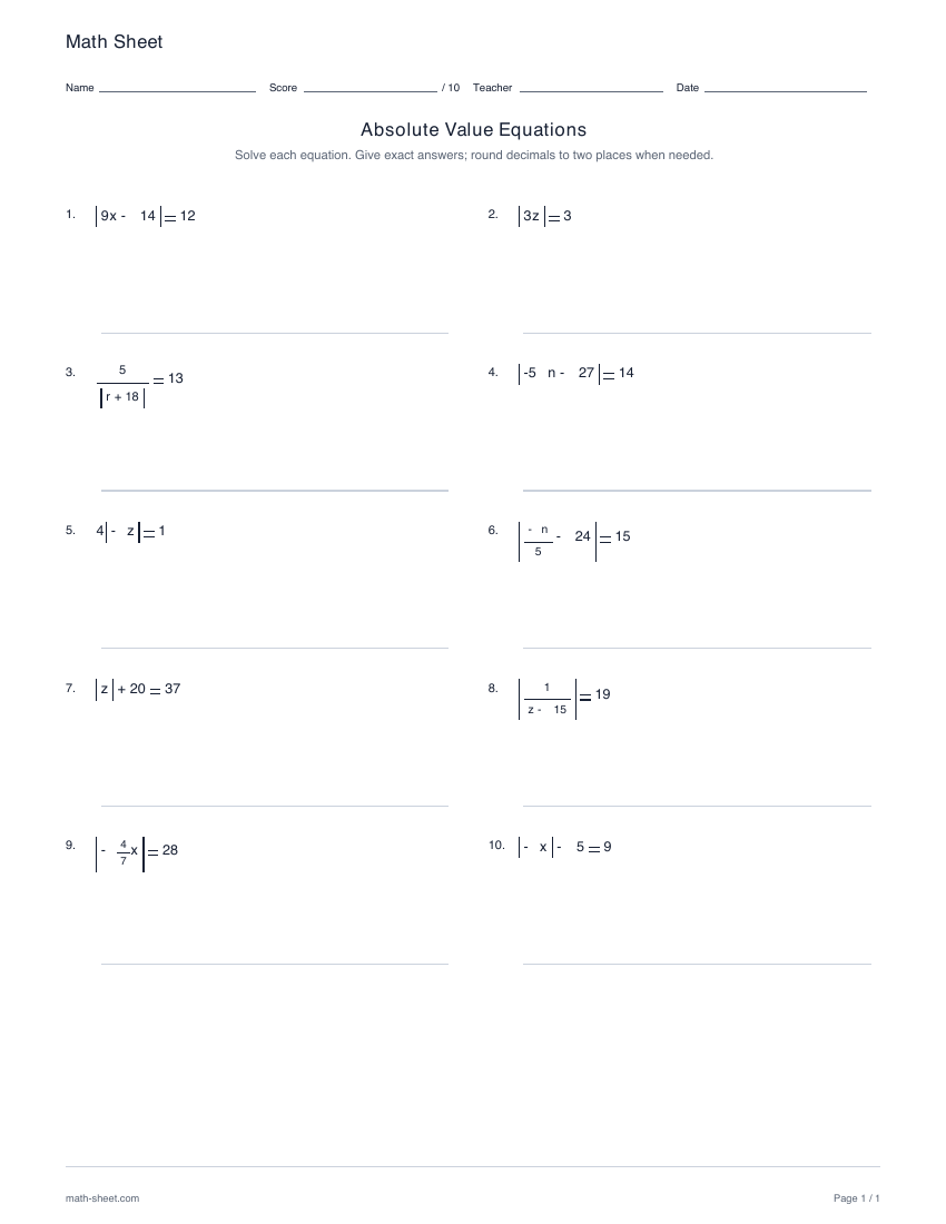 First page preview: absolute value equations worksheets