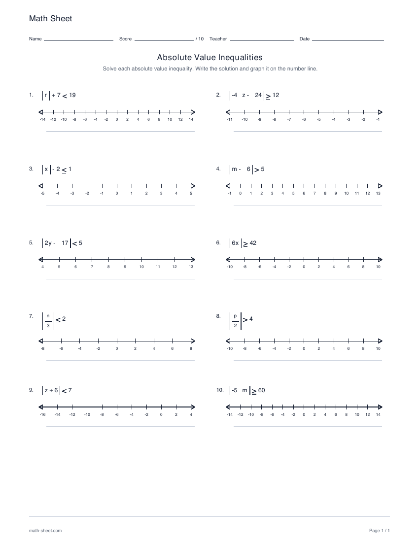 First page preview: absolute value inequalities worksheets