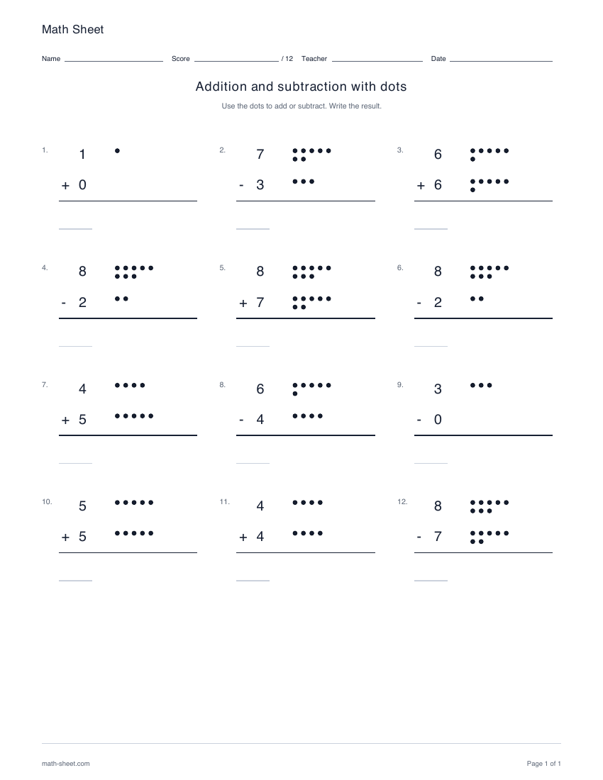 Printable addition and subtraction with dots worksheet preview