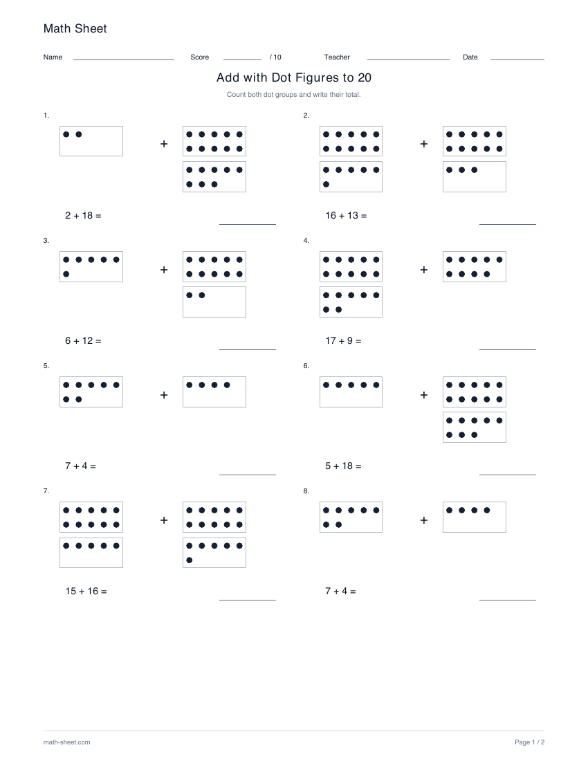 Printable add with dot figures to 20 worksheet preview