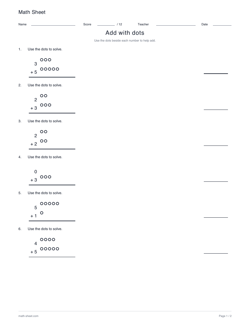 Printable add with dots worksheet preview