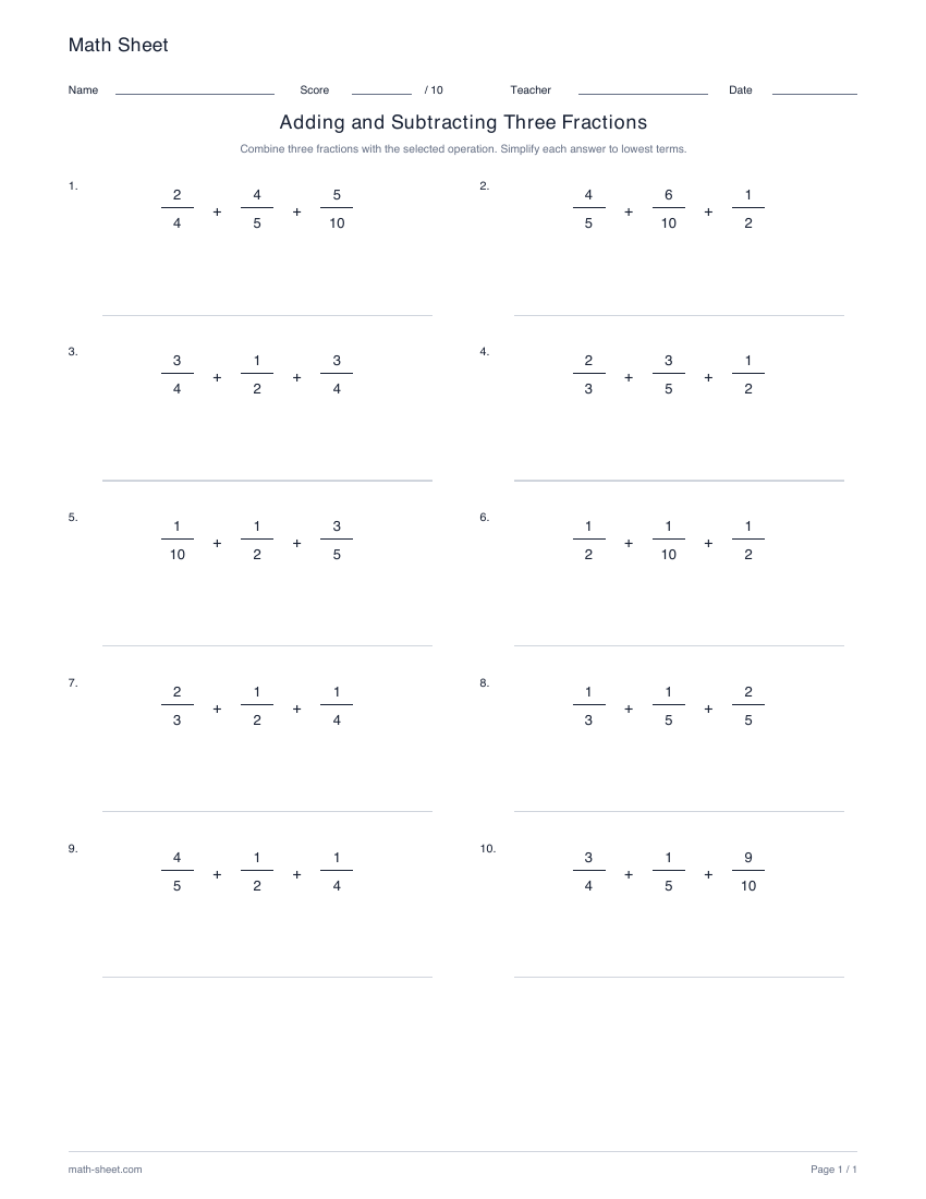 Printable three-fraction addition or subtraction practice worksheet preview