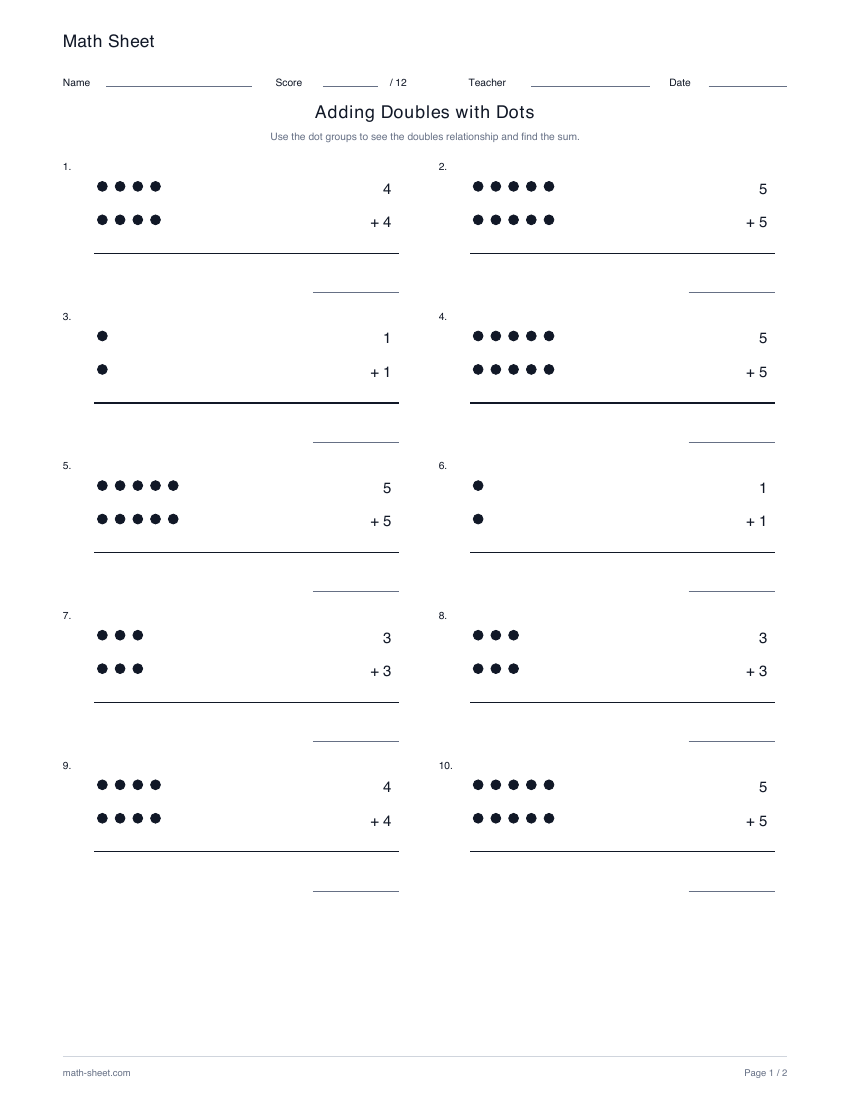 Printable adding doubles with dots worksheet preview