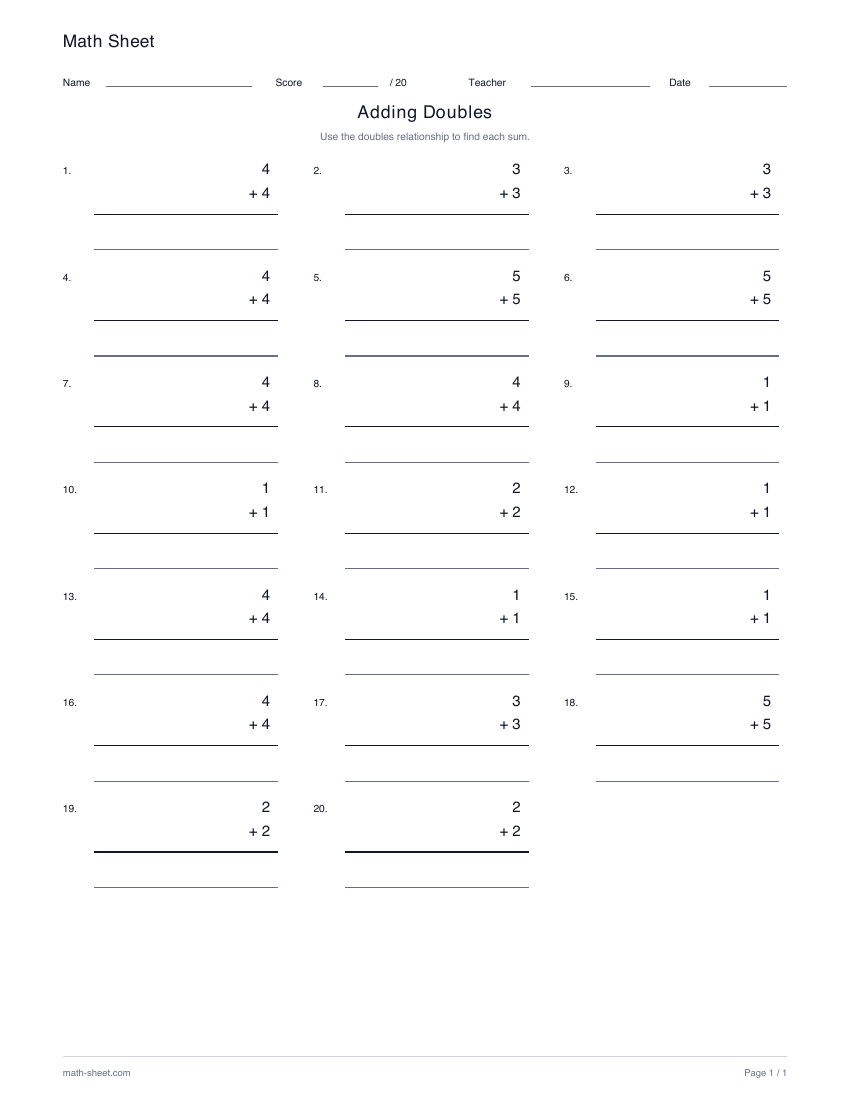 Printable adding doubles and near doubles worksheet preview
