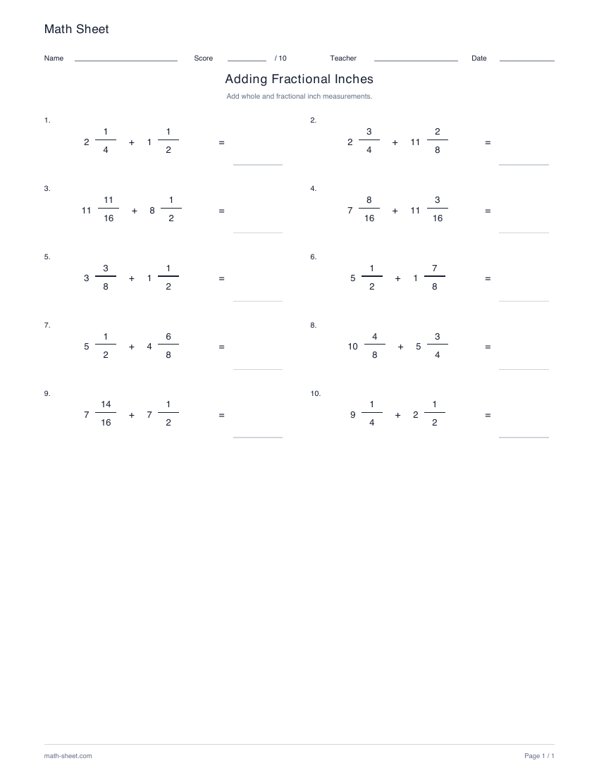 Printable add whole and fractional inches worksheet preview