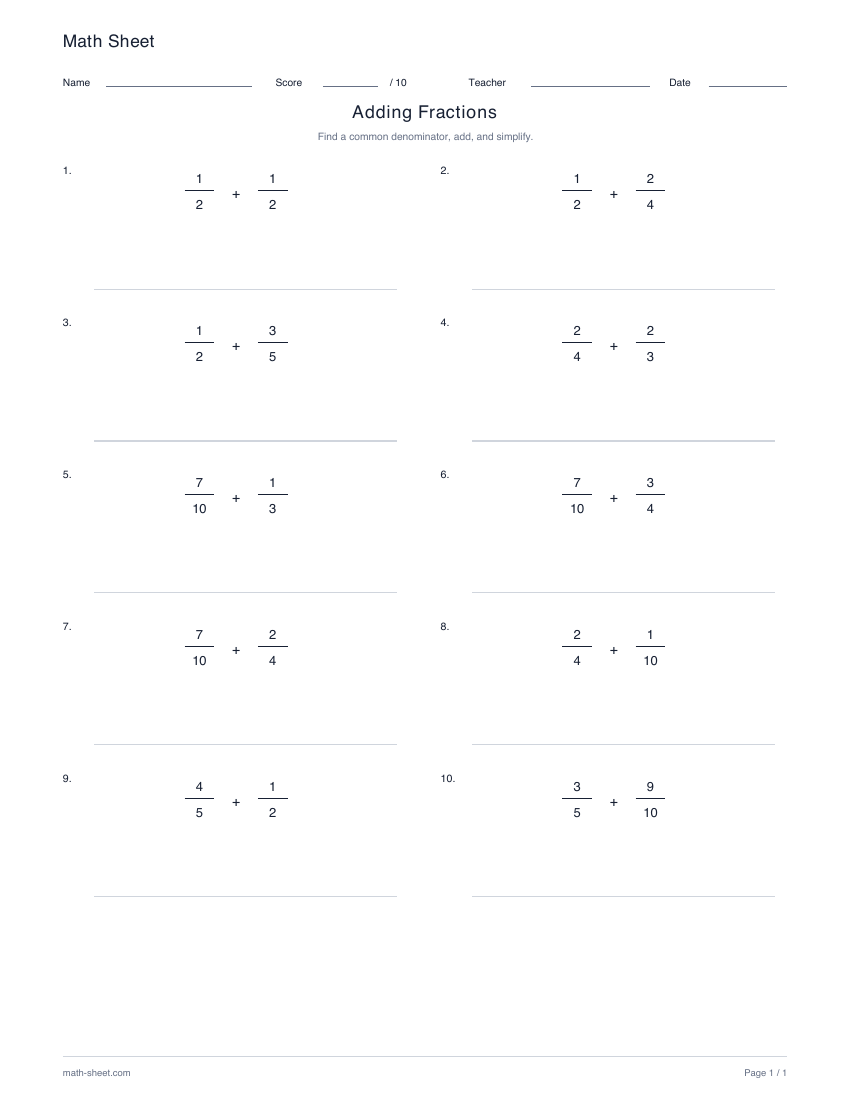 Printable add fractions with common denominators worksheet preview