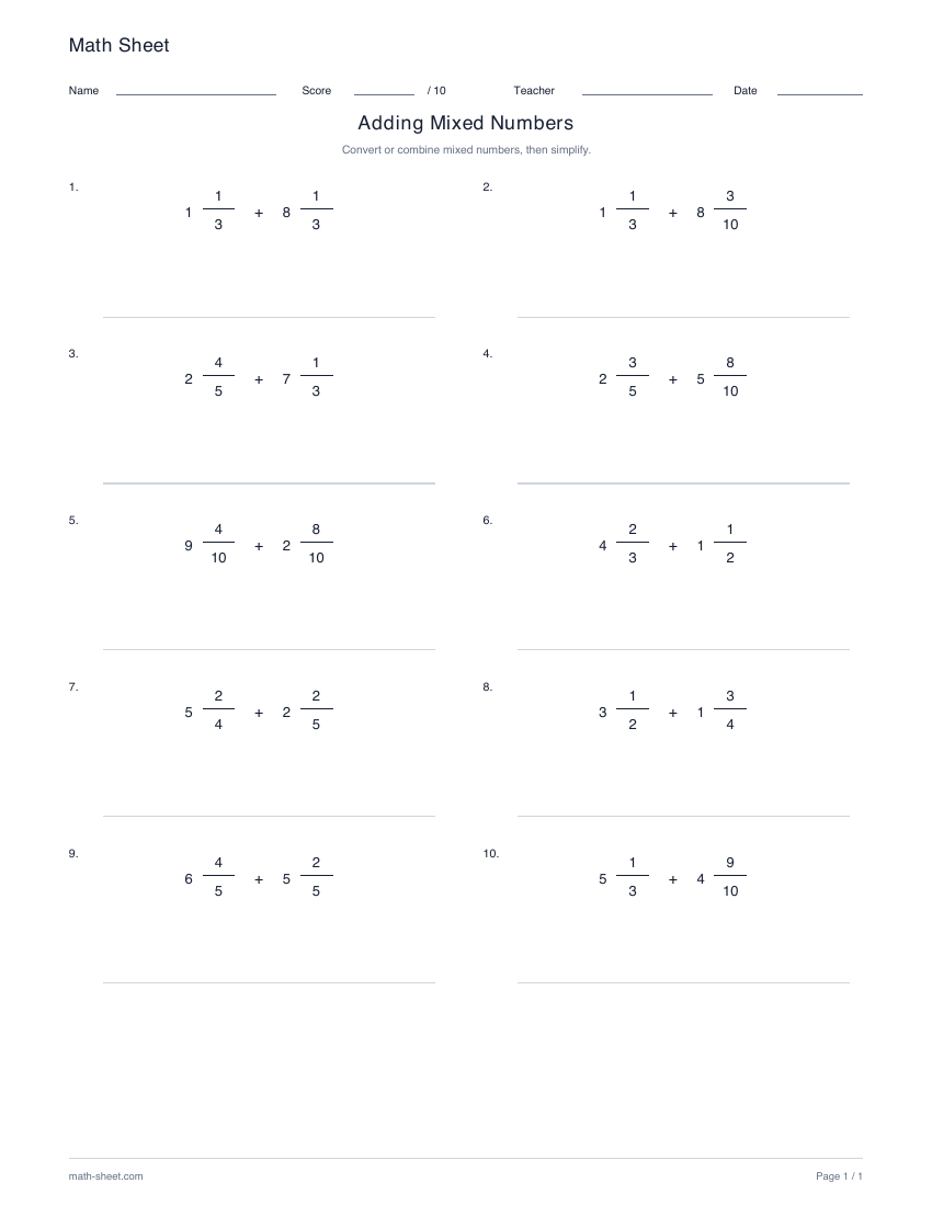 Printable add mixed numbers worksheet preview