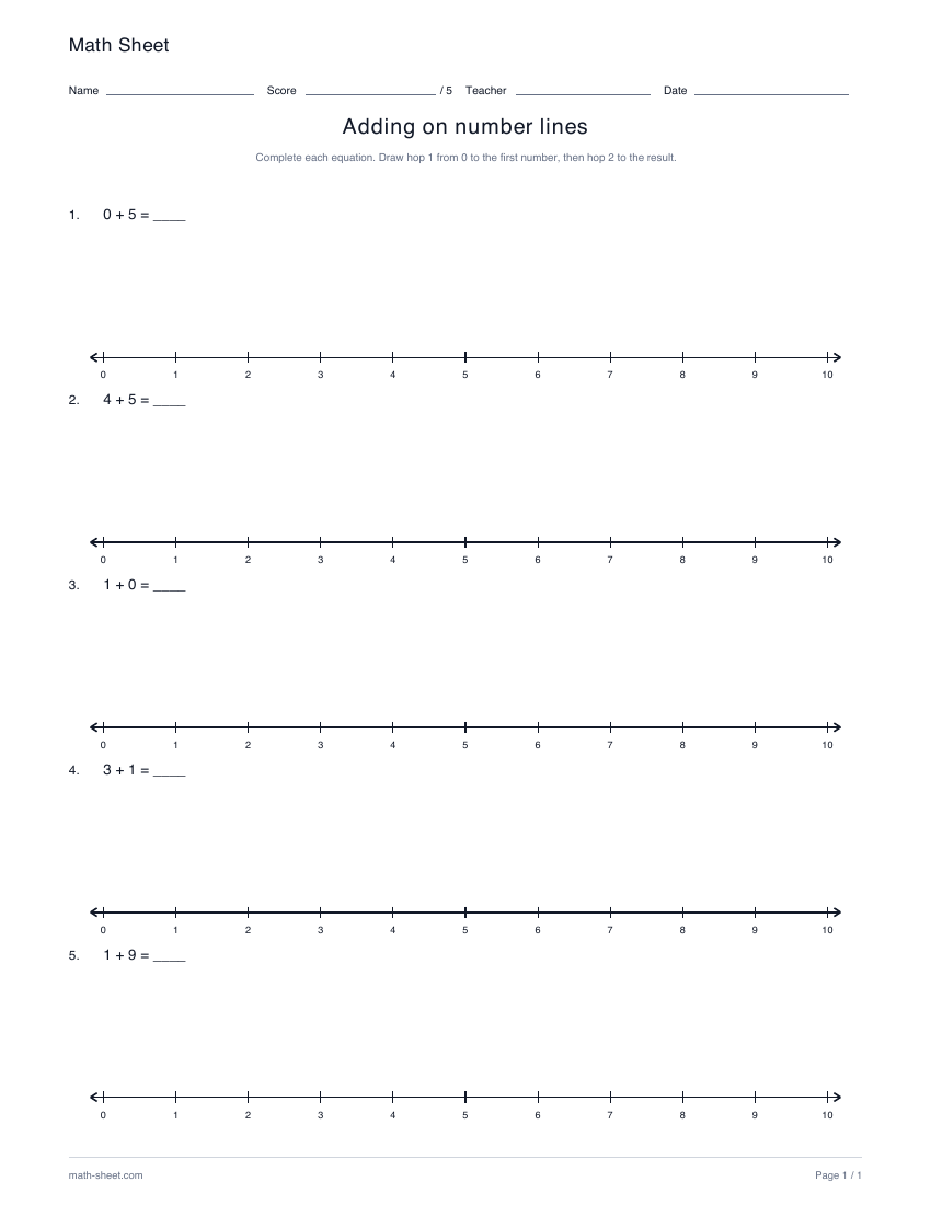 Printable adding on number lines worksheet preview