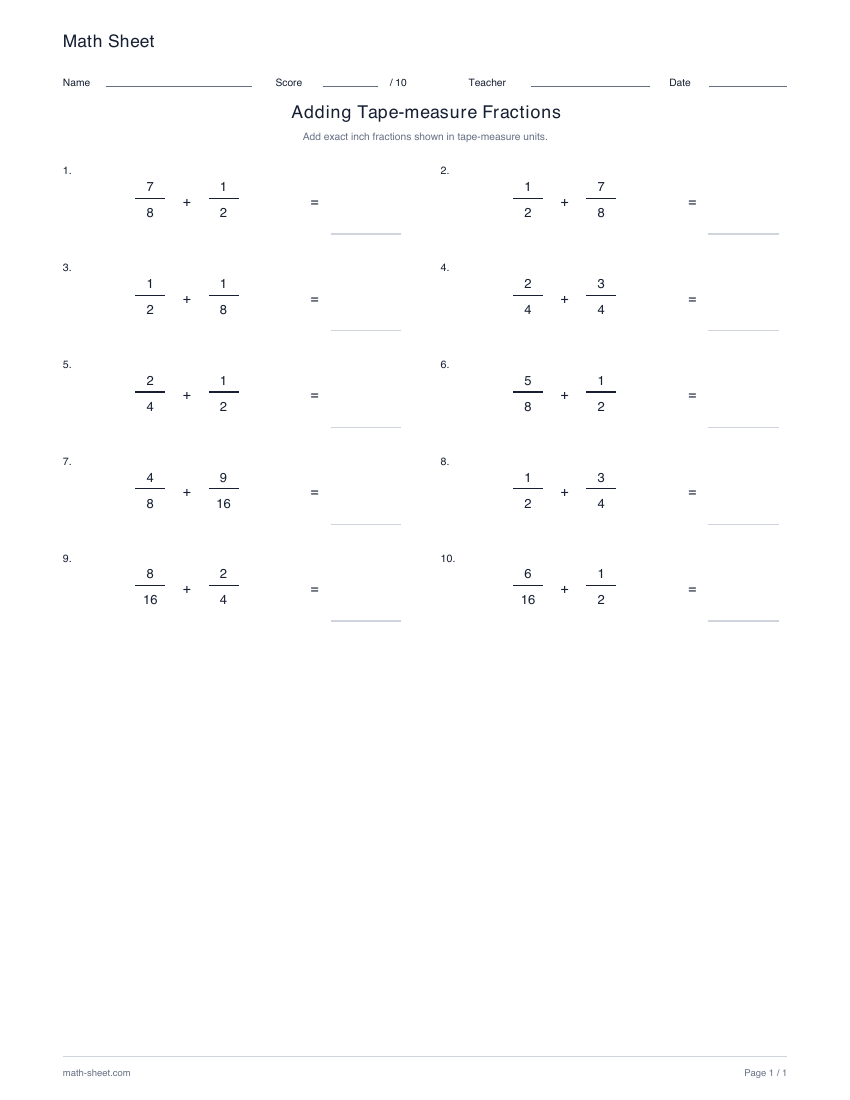 Printable add tape-measure fractions worksheet preview