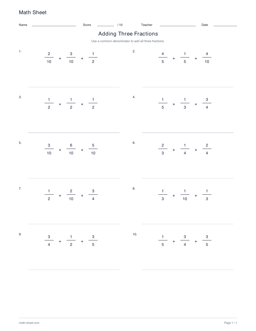 Printable add three fractions worksheet preview