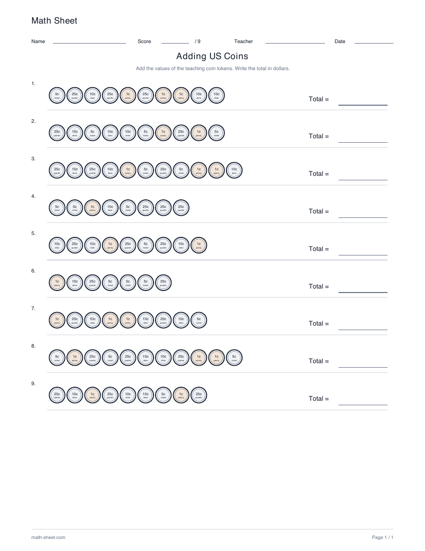 Printable adding us coin values worksheet preview