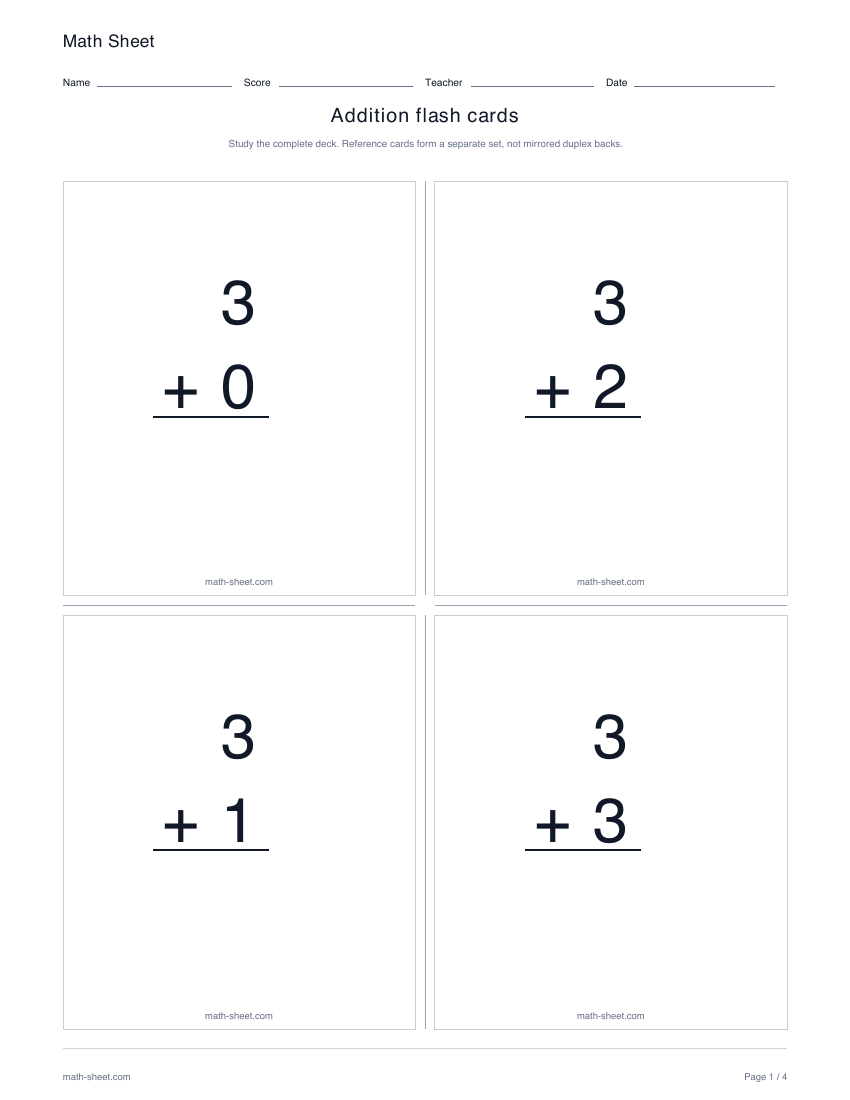Printable addition flash cards worksheet preview