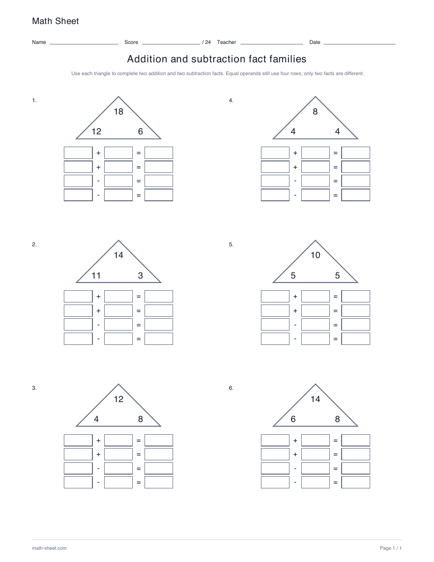 Printable addition and subtraction fact families worksheet preview