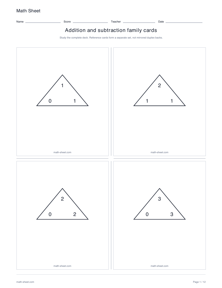 Printable addition and subtraction family flash cards worksheet preview