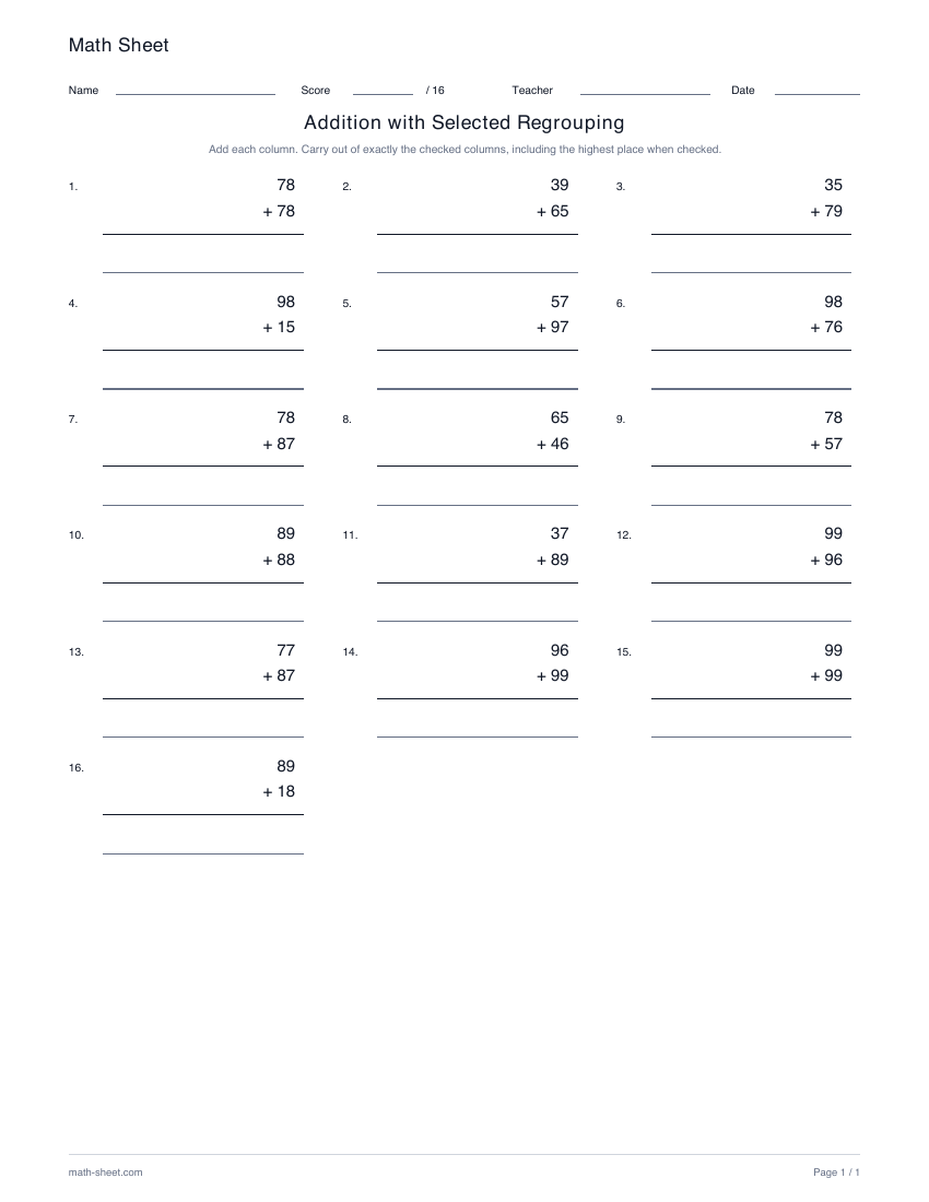 Printable addition with selected regrouping columns worksheet preview