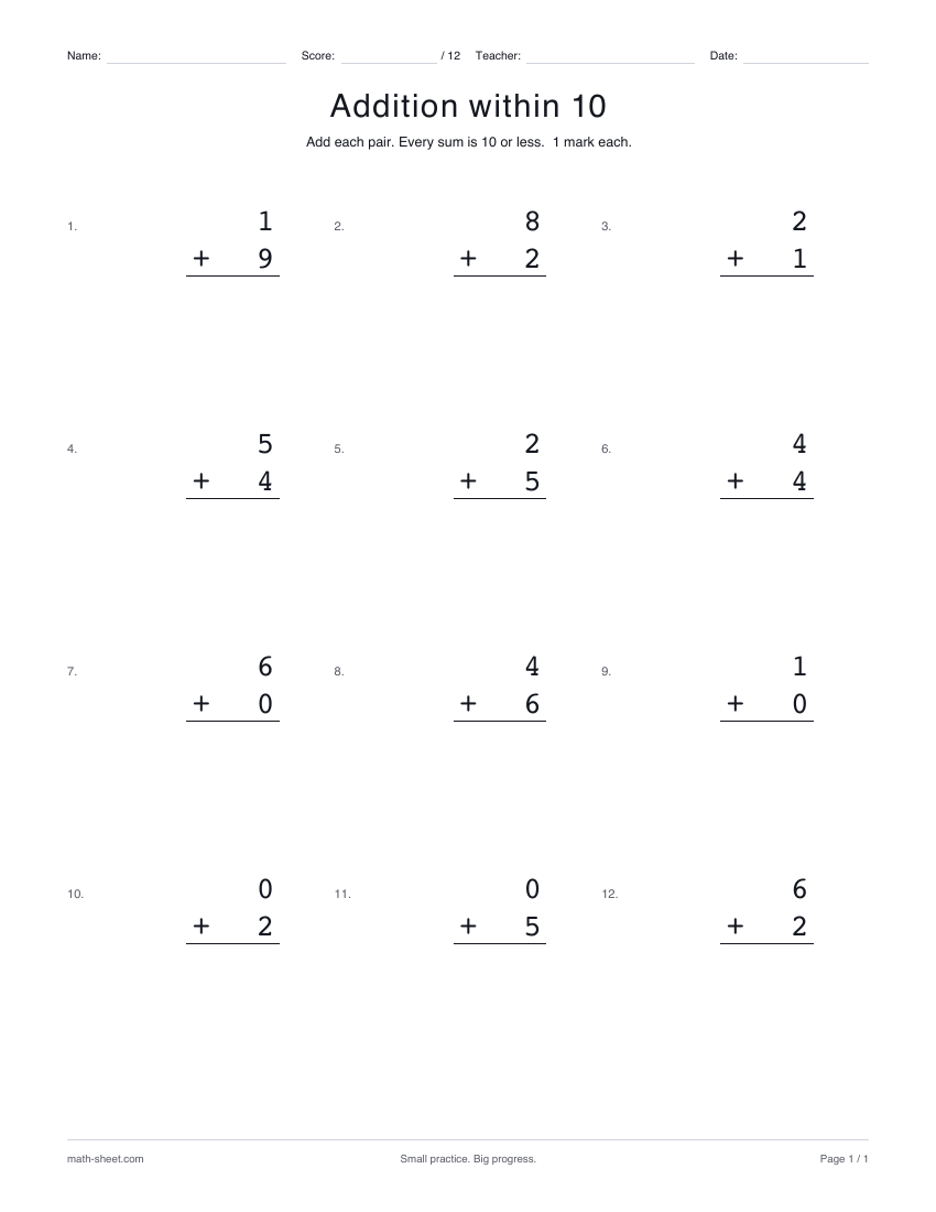 Preview of the Addition within 10 printable worksheet
