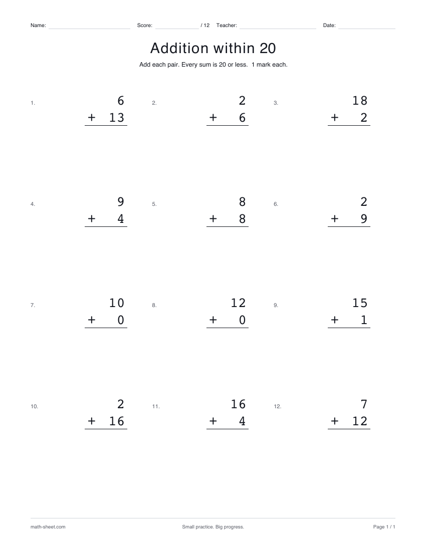 Preview of the Addition within 20 printable worksheet