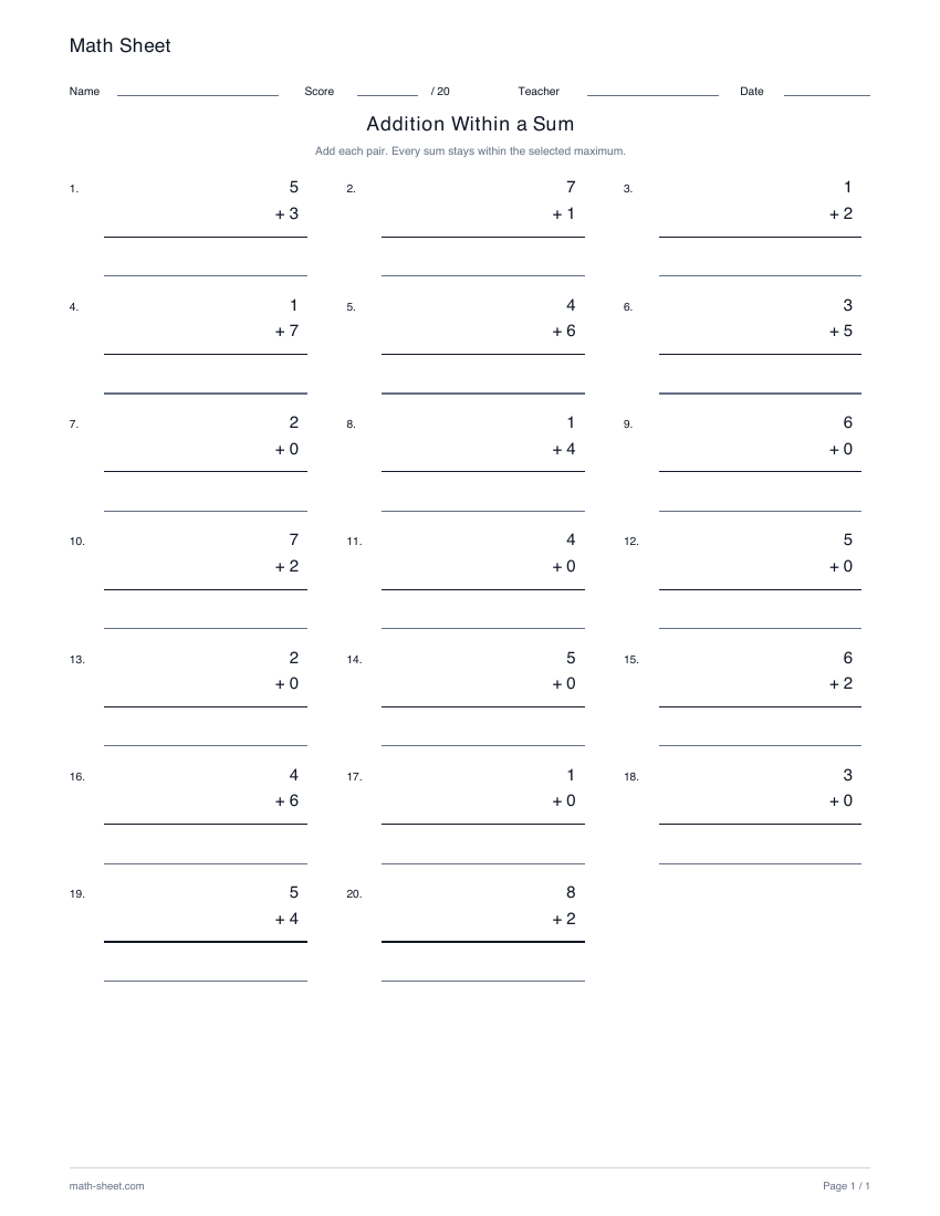 Printable addition within a chosen sum worksheet preview