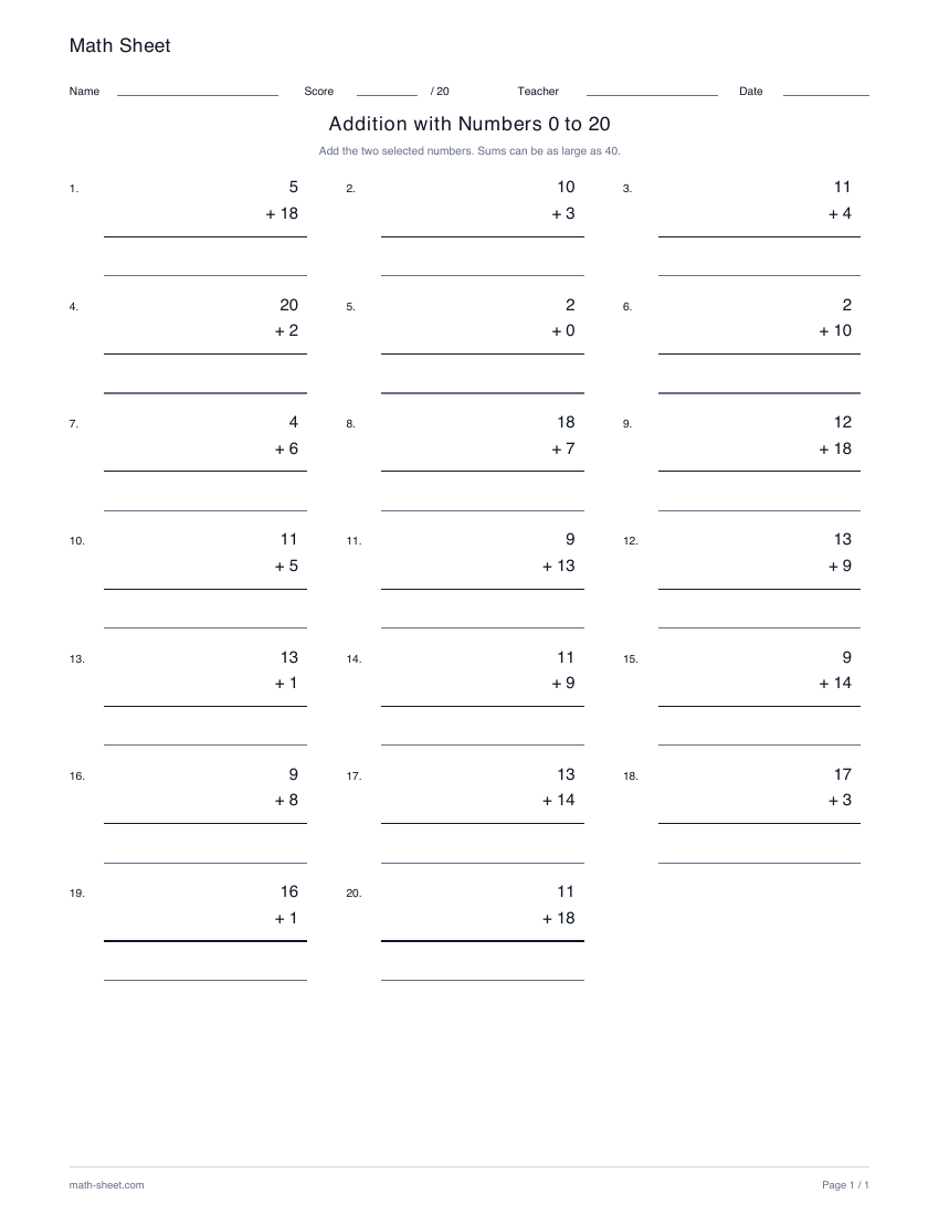 Printable addition with numbers from 0 to 20 worksheet preview