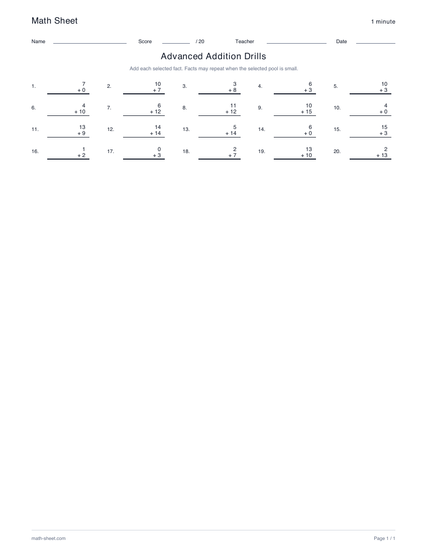 Printable advanced addition drills worksheet preview