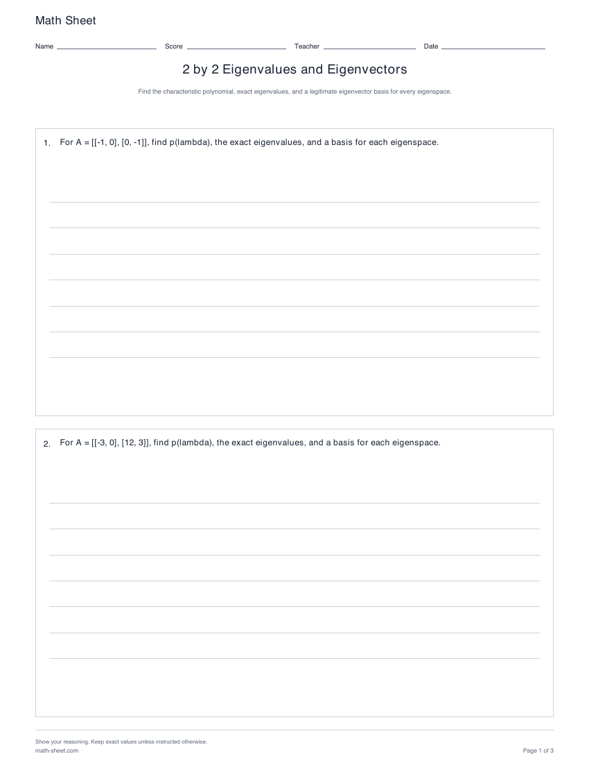 Printable 2 by 2 eigenvalues and eigenvectors worksheets preview