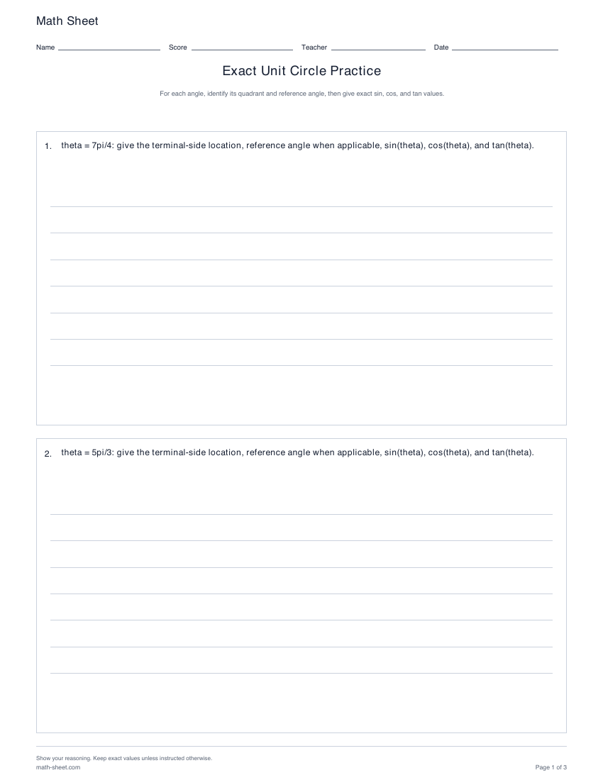 Printable exact unit circle trigonometry worksheets preview