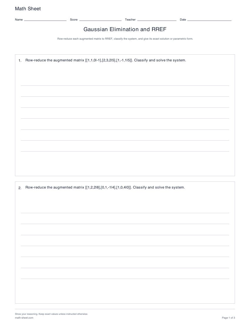 Printable gaussian elimination and rref worksheets preview