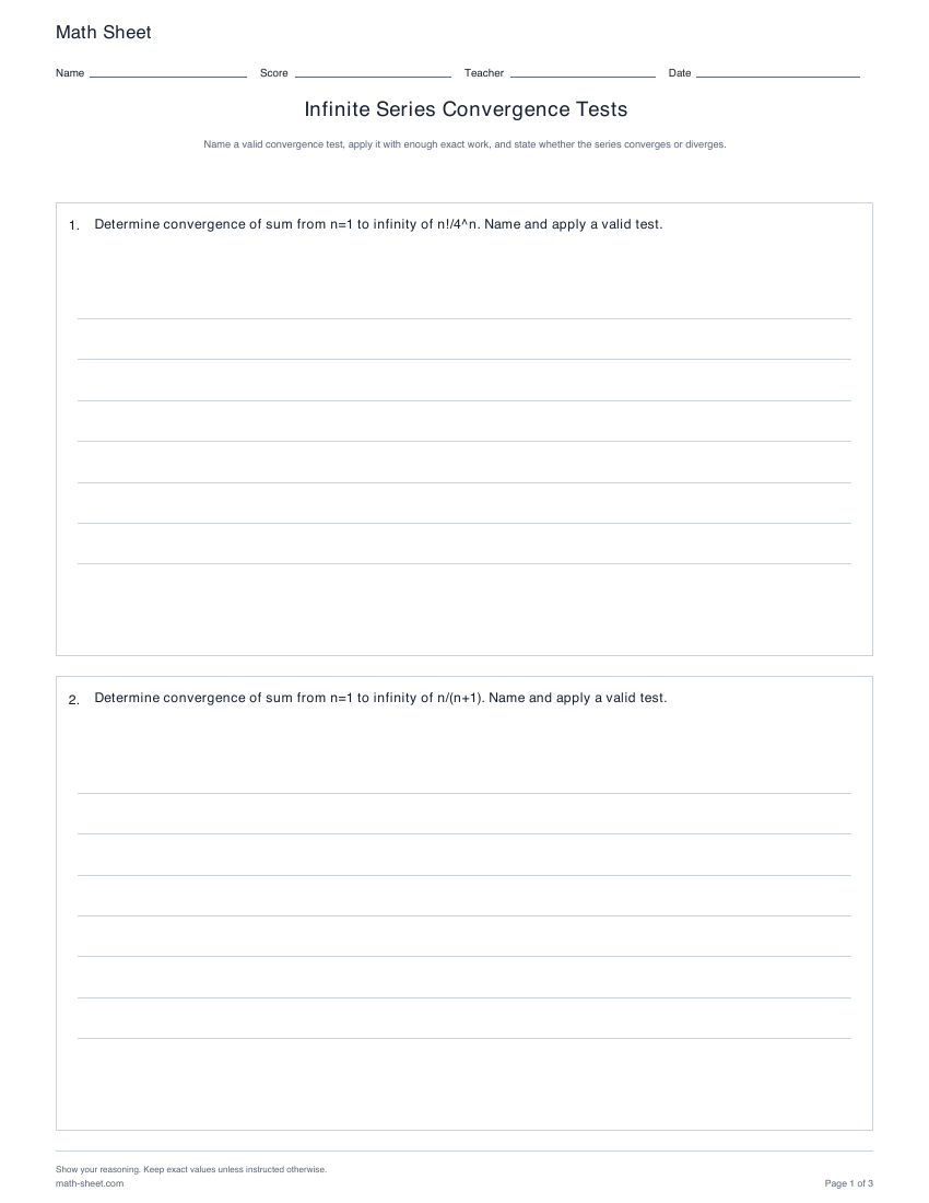 Printable infinite series convergence tests worksheets preview