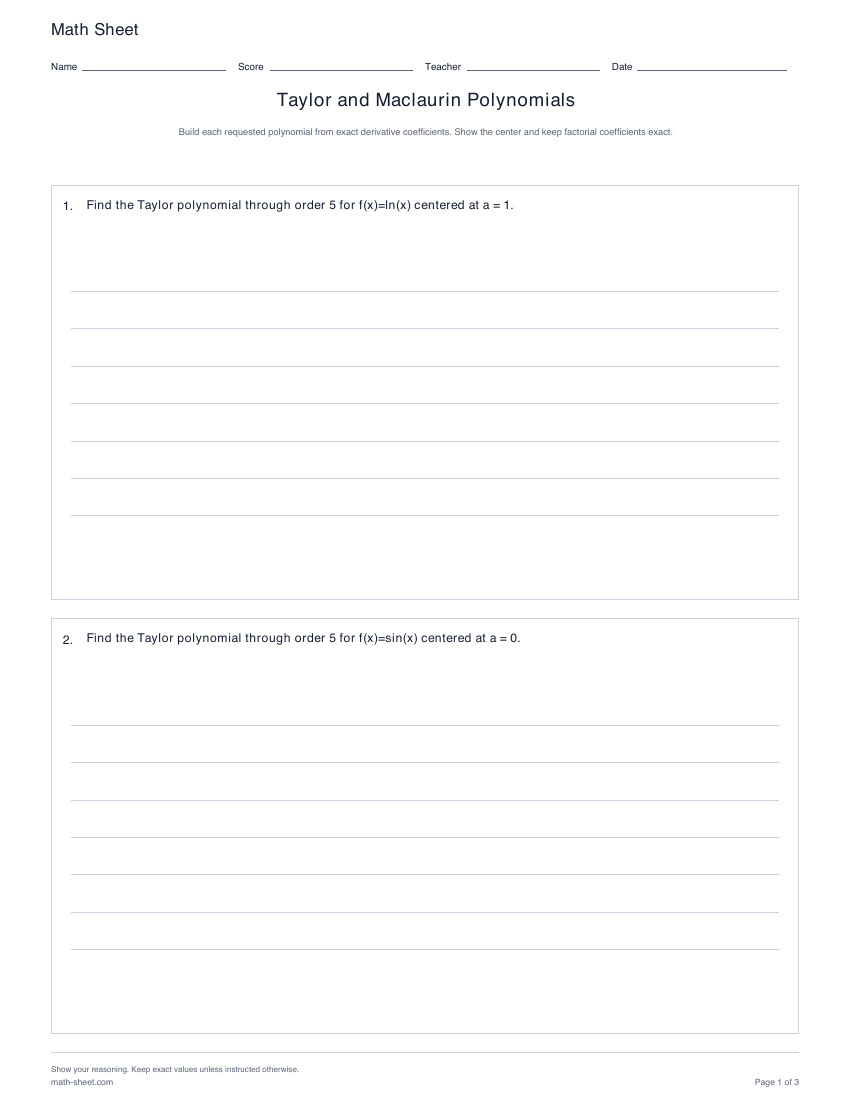 Printable taylor and maclaurin polynomials worksheets preview