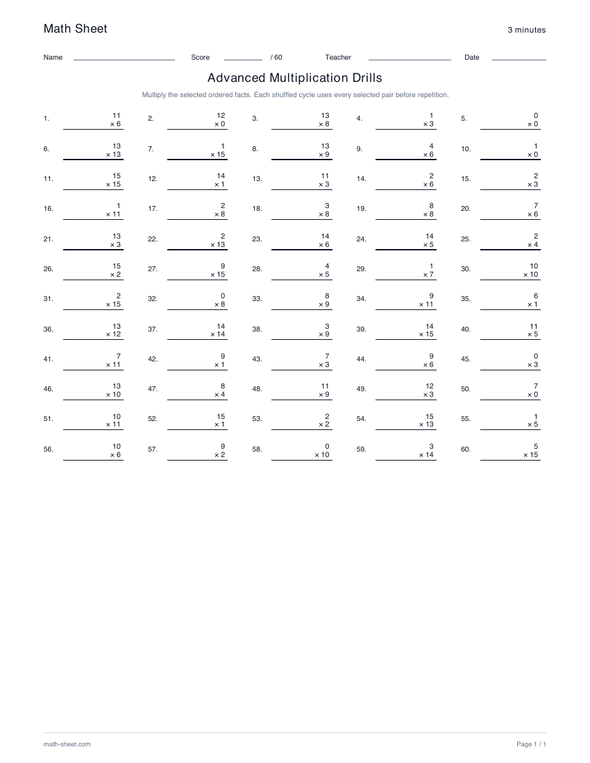 Printable advanced multiplication drills worksheet preview