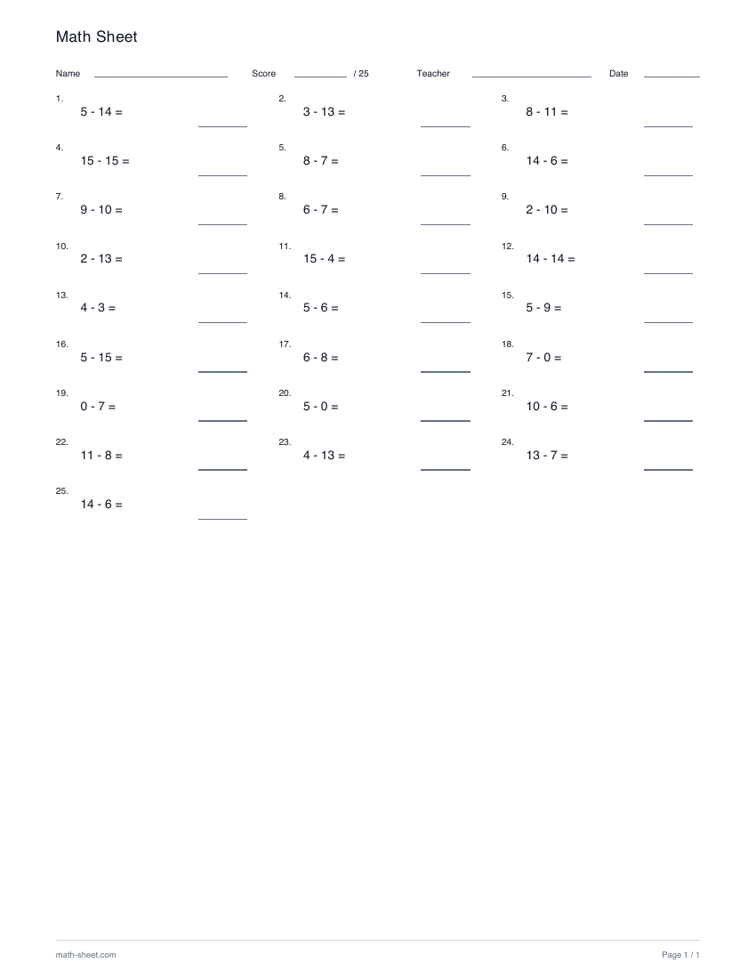 Printable advanced subtraction drills worksheet preview