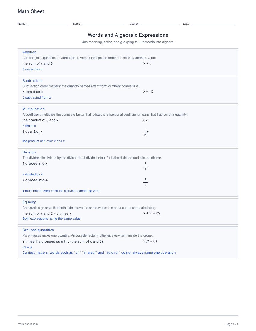First page preview: Words to algebraic expressions reference sheet