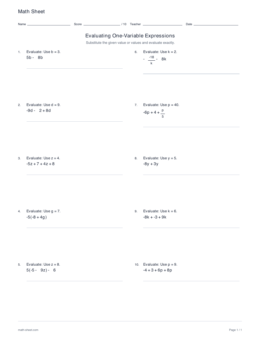 First page preview: Evaluating one-variable expressions worksheets