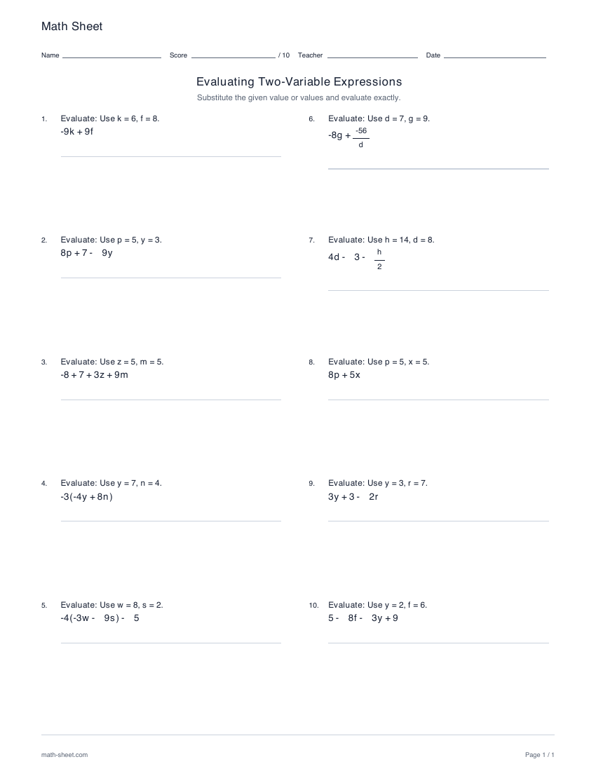 First page preview: Evaluating two-variable expressions worksheets