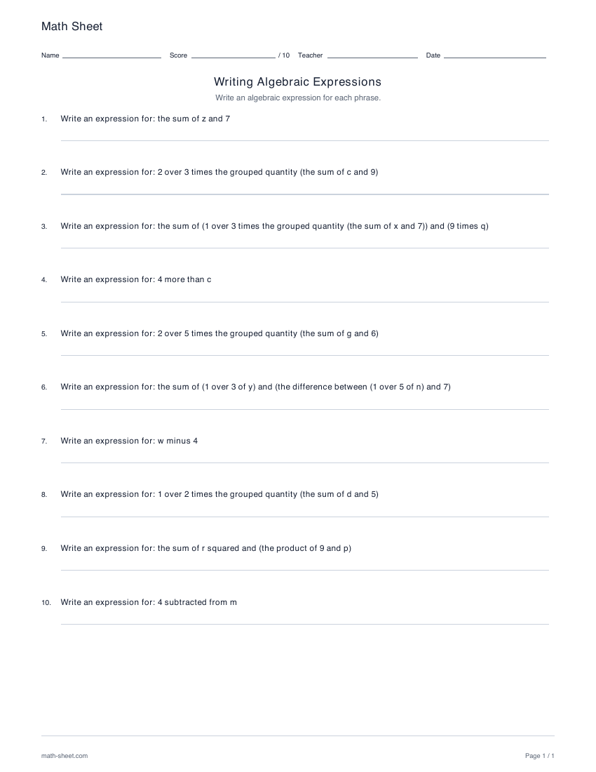 First page preview: Writing algebraic expressions worksheets
