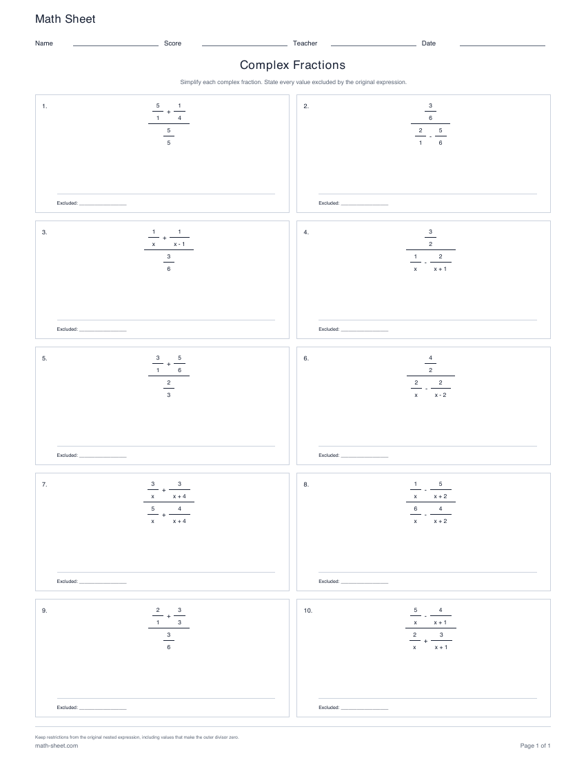 First page preview: Complex Fraction Worksheets