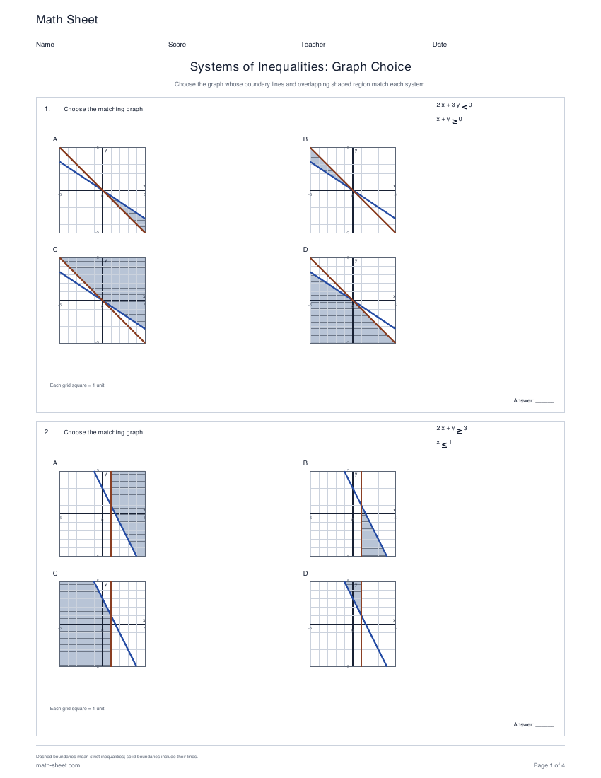 First page preview: Systems of Inequalities Graph Choice Worksheets