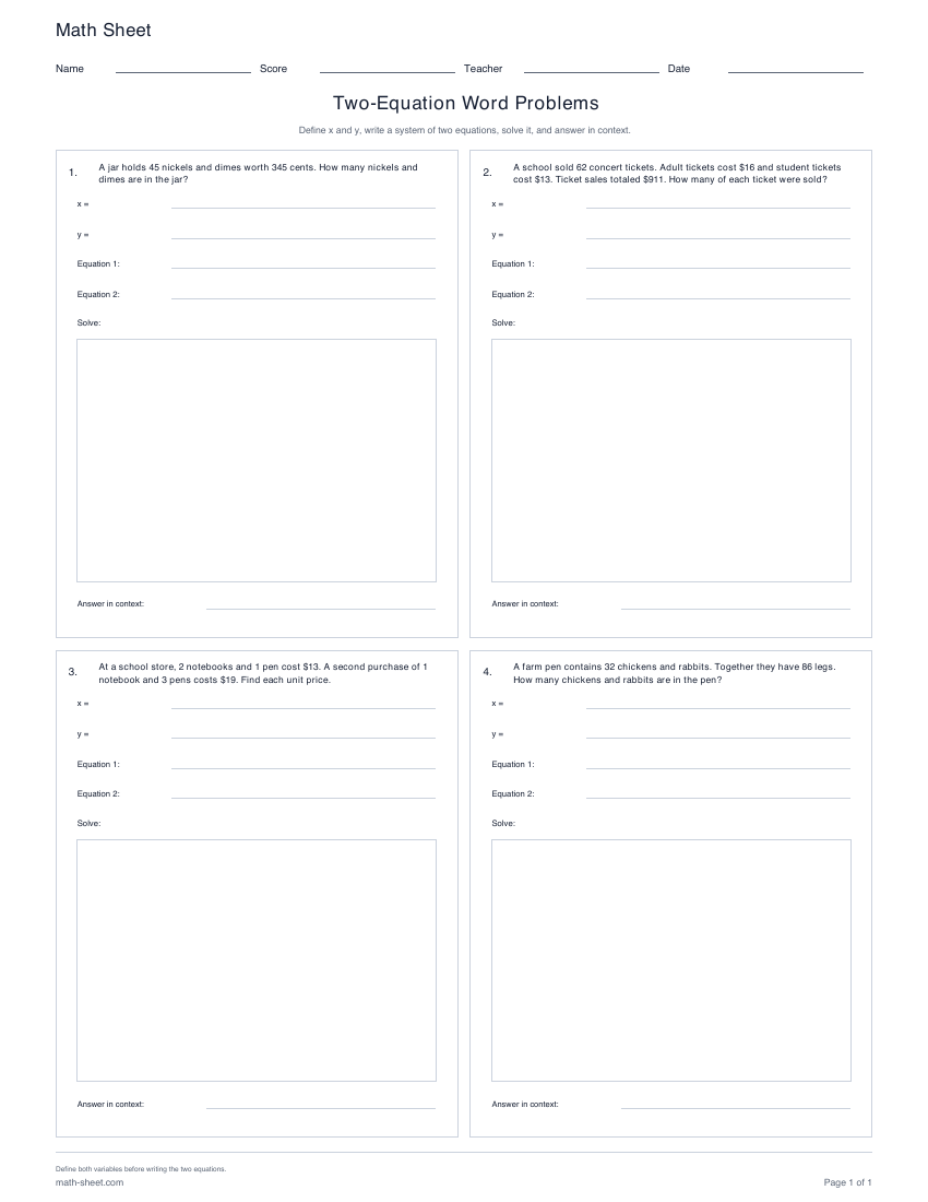 First page preview: Two-Equation Word Problem Worksheets