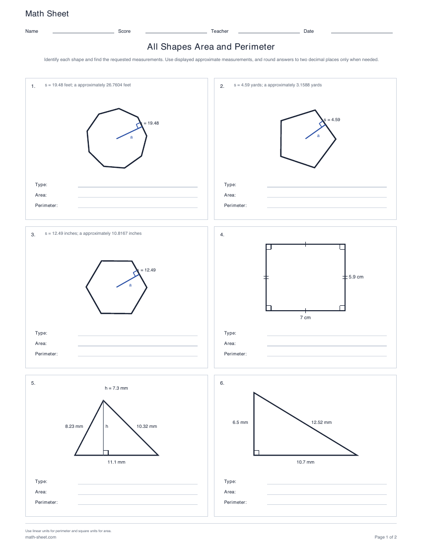 First page preview: Mixed Shapes Area and Perimeter Worksheets