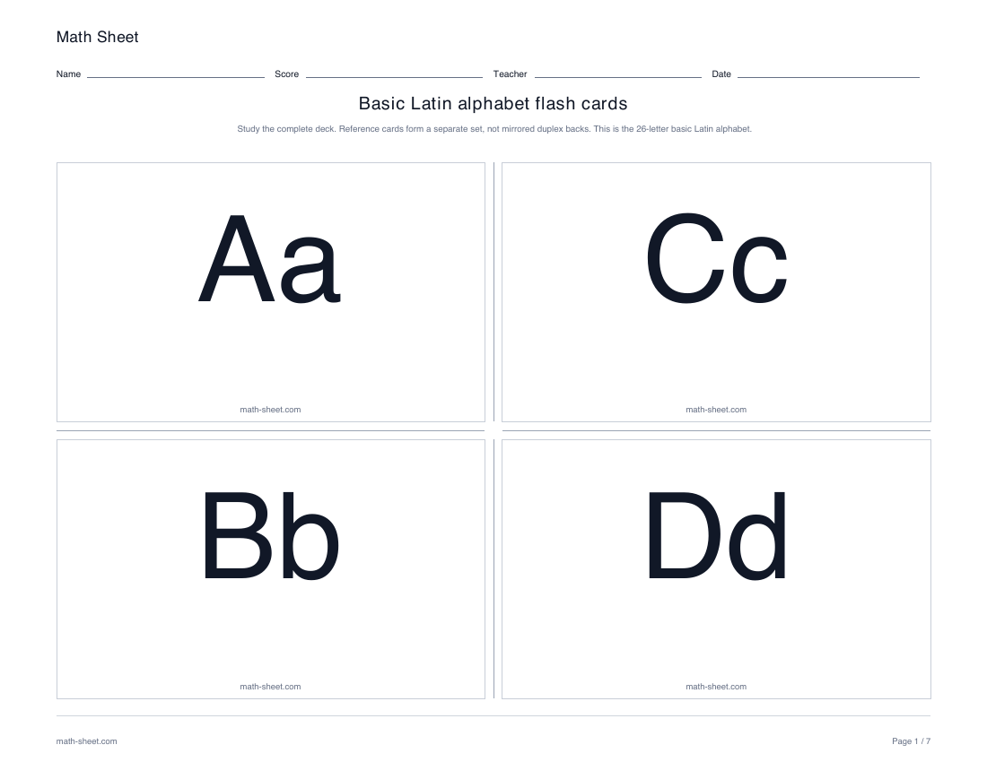 Printable basic latin alphabet flash cards worksheet preview